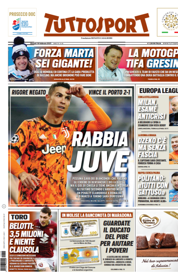 Prima Pagina, Tuttosport: “Rabbia Juve, rigore negato. Belotti, 3.5 milioni e niente clausola” 
