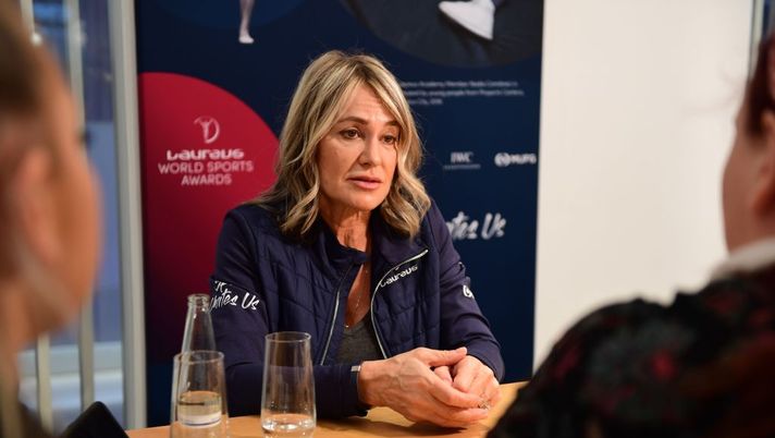 BERLIN, GERMANY - FEBRUARY 16:  Laureus Academy Member Nadia Comaneci speaks during an interview at the Mercedes Benz Building prior to the Laureus World Sports Awards on February 16, 2020 in Berlin, Germany. (Photo by Ian Gavan/Getty Images for Laureus) 