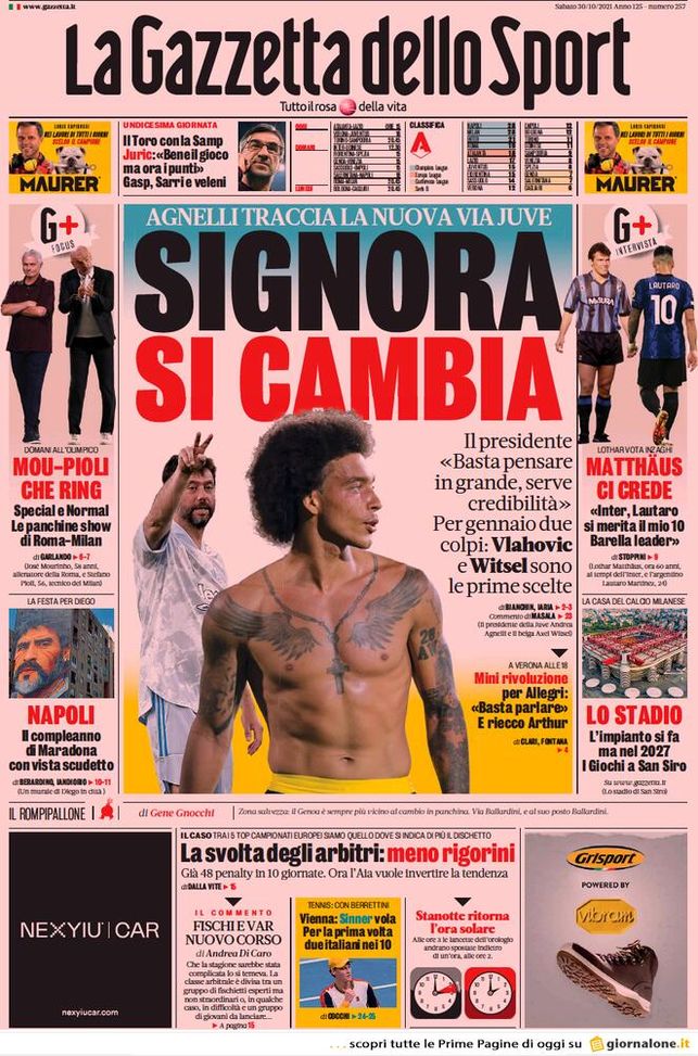 Prima Pagina, La Gazzetta dello Sport: “Signora, si cambia. Mou-Pioli che ring!”  Prima Pagina, La Gazzetta dello Sport: “Signora, si cambia. Mou-Pioli che ring!” - immagine 1