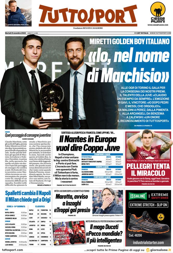 Prima pagina Tuttosport 08/11/2022