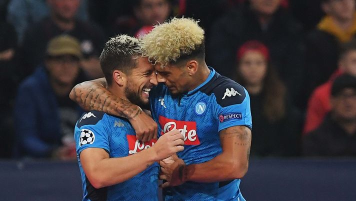 SALZBURG, AUSTRIA - OCTOBER 23: Dries Mertens of Napoli celebrates after scoring the first goal during the UEFA Champions League group E match between RB Salzburg and SSC Napoli at on October 23, 2019 in Salzburg, Austria. (Photo by SSC NAPOLI/SSC NAPOLI via Getty Images)  SALZBURG, AUSTRIA - OCTOBER 23: Dries Mertens of Napoli celebrates after scoring the first goal during the UEFA Champions League group E match between RB Salzburg and SSC Napoli at on October 23, 2019 in Salzburg, Austria. (Photo by SSC NAPOLI/SSC NAPOLI via Getty Images)