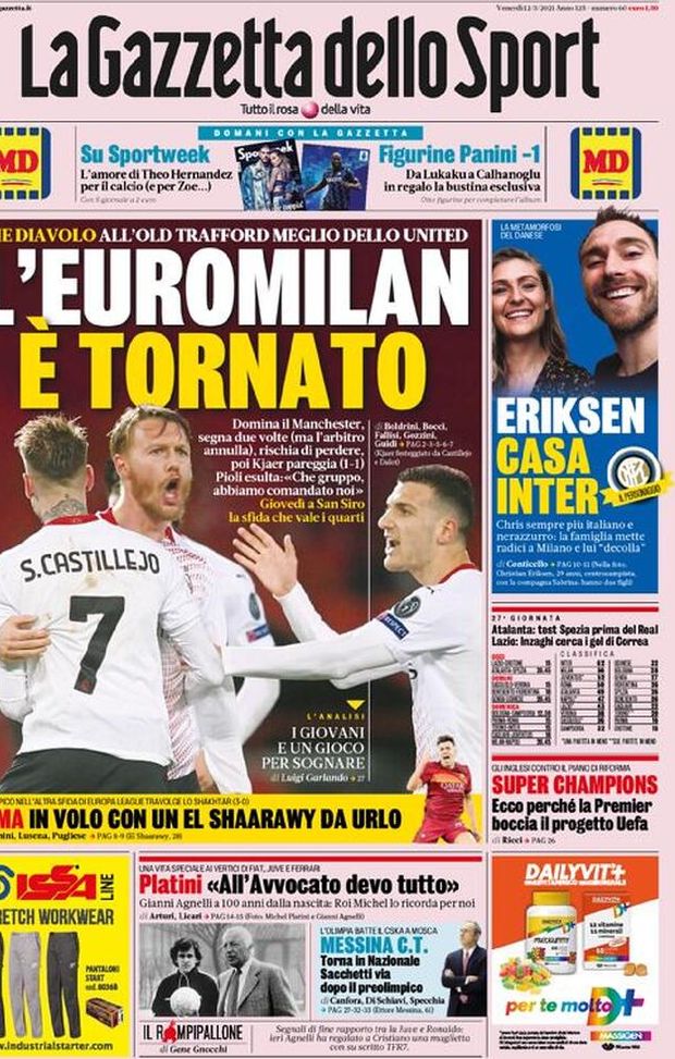 Prima Pagina, La Gazzetta dello Sport: “L’Euromilan è tornato! Eriksen casa Inter”  Prima Pagina, La Gazzetta dello Sport: “L’Euromilan è tornato! Eriksen casa Inter”