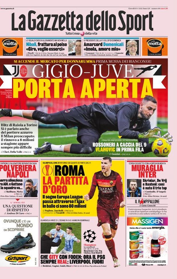 Prima Pagina, La Gazzetta dello Sport: “Gigio-Juve, porta aperta. Roma, la partita d’oro. Polveriera Napoli. Muraglia Inter”  Prima Pagina, La Gazzetta dello Sport: “Gigio-Juve, porta aperta. Roma, la partita d’oro. Polveriera Napoli. Muraglia Inter”