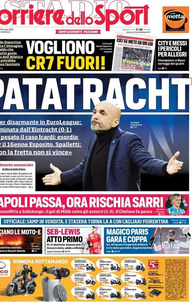 Prima Pagina, Corriere dello Sport: “Patatracht. Vogliono CR7 fuori! Napoli passa, rischia Sarri…” Prima Pagina, Corriere dello Sport: “Patatracht. Vogliono CR7 fuori! Napoli passa, rischia Sarri…”