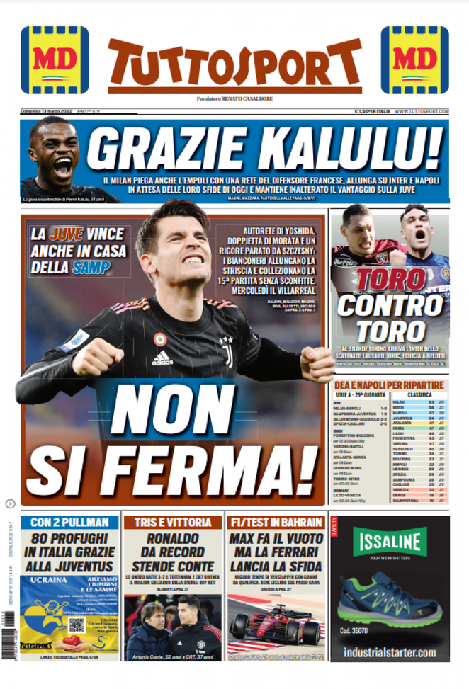 Prima Pagina, Tuttosport: “Non si ferma! Grazie Kalulu! Toro contro Toro” Prima Pagina, Tuttosport: “Non si ferma! Grazie Kalulu! Toro contro Toro” - immagine 1