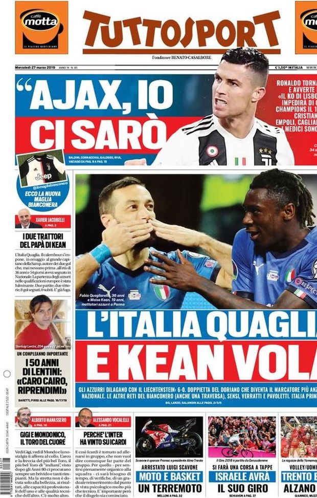 Prima Pagina, Tuttosport: “L’Italia Quaglia e Kean vola. Ajax, io ci sarò” 