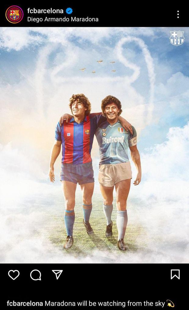 FOTO Il Barcellona ricorda Maradona sui social: “Assisterà alla partita dall’Alto”- immagine 2