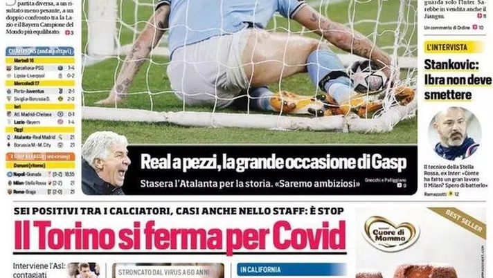 Prima Pagina, Corriere dello Sport: &#8220;Blackout Lazio! Real a pezzi, la grande occasione di Gasp. Il Torino si ferma per Covid&#8221;