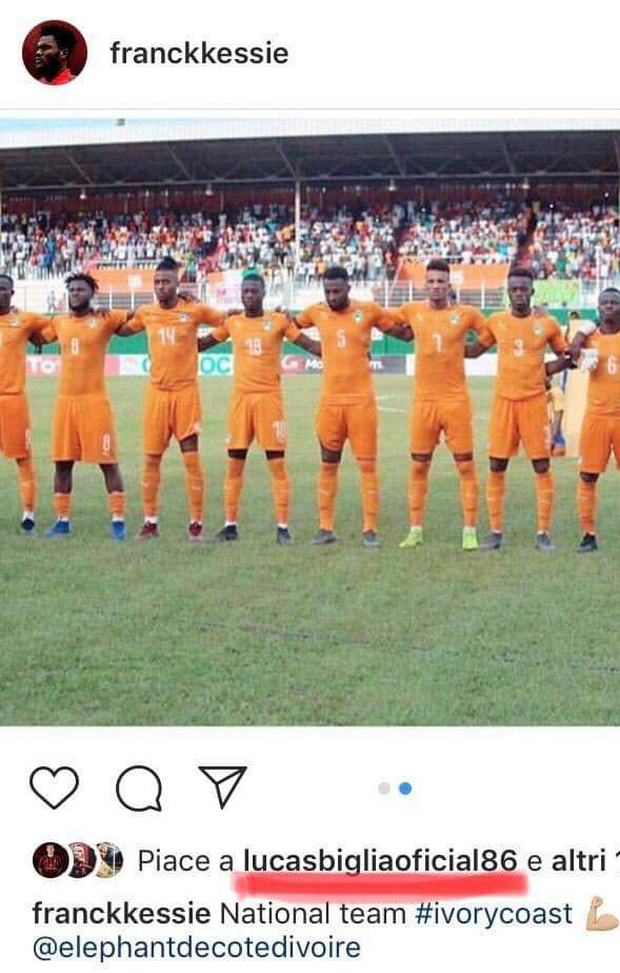  Biglia mette un like a Kessiè su Instagram 