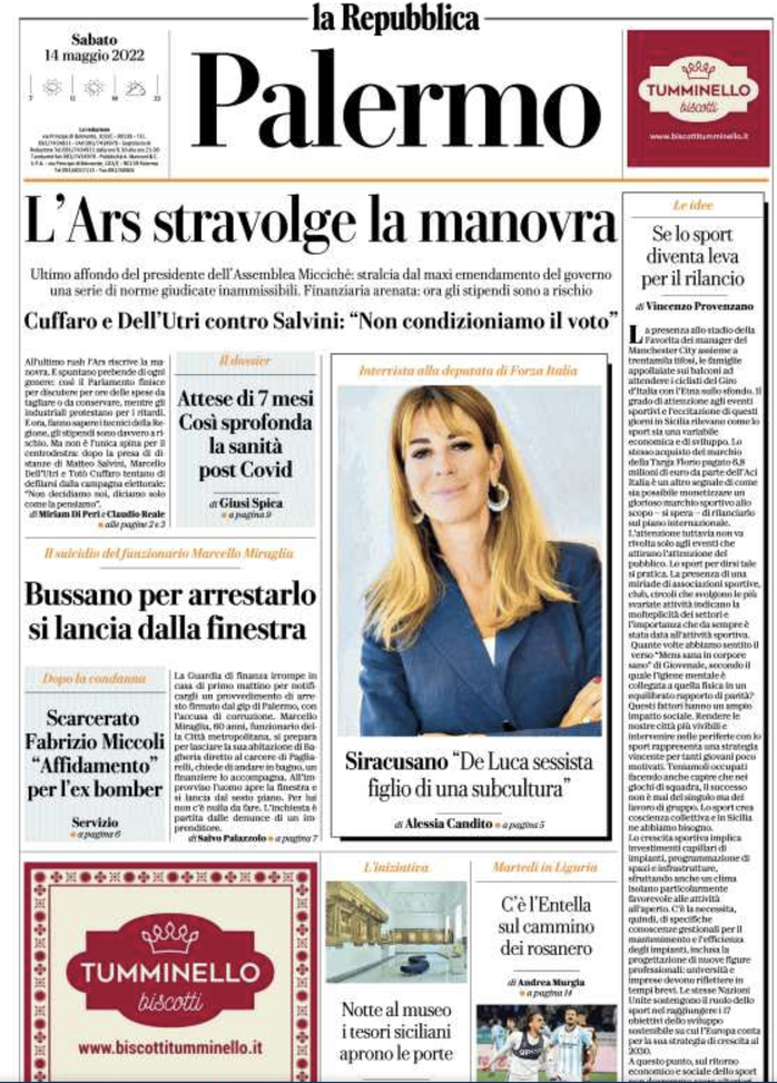 Prima Pagina, La Repubblica-Palermo: “Scarcerato Miccoli. L’Entella per i rosa”