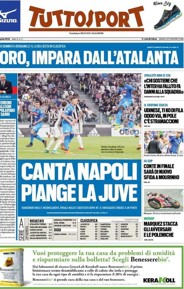 Prima Pagina, Tuttosport: “Canta Napoli, piange la Juve. Dybala nullo e sostituito. Udinese 11 KO di fila: Oddo via, Stramaccioni in pole…” Prima Pagina, Tuttosport: “Canta Napoli, piange la Juve. Dybala nullo e sostituito. Udinese 11 KO di fila: Oddo via, Stramaccioni in pole…”