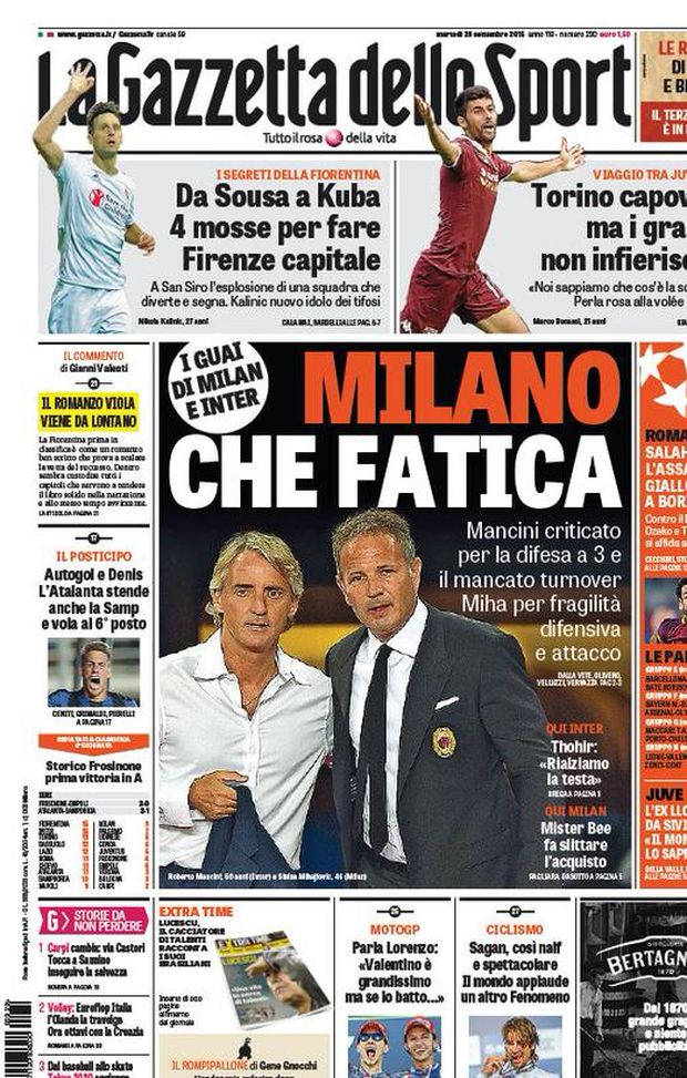 Prima Pagina, La Gazzetta dello Sport: “Milano, che fatica. Mancini e Mihajlovic criticati. Ecco i segreti della Fiorentina, Torino capovolta. L’Atalanta vola al 6° posto” Prima Pagina, La Gazzetta dello Sport: “Milano, che fatica. Mancini e Mihajlovic criticati. Ecco i segreti della Fiorentina, Torino capovolta. L’Atalanta vola al 6° posto”