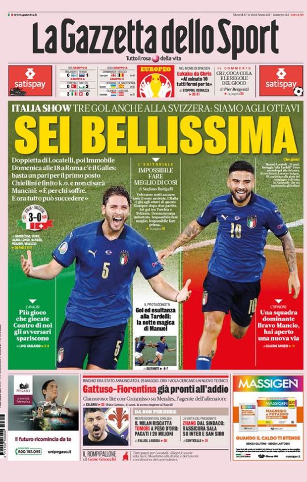 Prima Pagina, La Gazzetta dello Sport: “Sei bellissima. Italia show, siamo agli ottavi” Prima Pagina, La Gazzetta dello Sport: “Sei bellissima. Italia show, siamo agli ottavi”