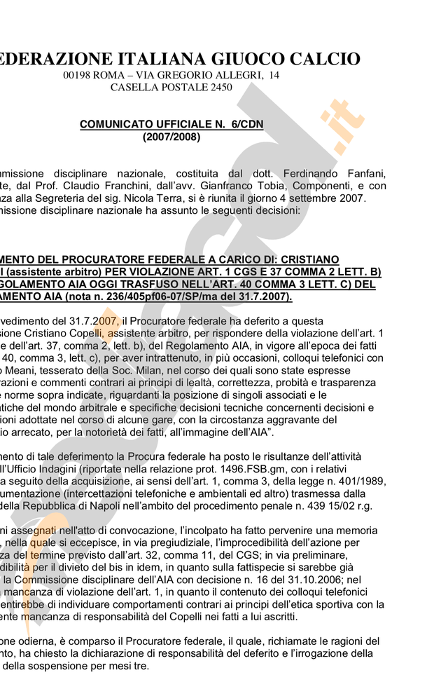 Il deferimento di Copelli Il deferimento di Copelli