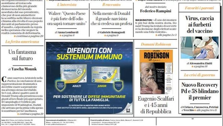 Prima Pagina, La Repubblica: &#8220;Via Trump, ratificata elezione Biden. Virus, caccia ai furbi del vaccino&#8221; 