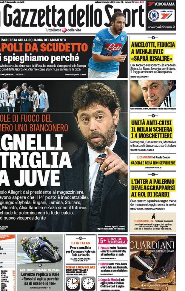 Prima Pagina, La Gazzetta dello Sport: “Allegri striglia la Juventus. L’Inter a Palermo deve aggrapparsi ai gol di Icardi” Prima Pagina, La Gazzetta dello Sport: “Allegri striglia la Juventus. L’Inter a Palermo deve aggrapparsi ai gol di Icardi”