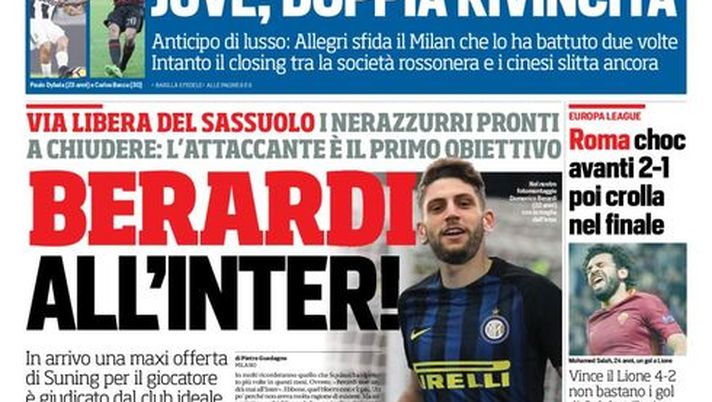 Prima Pagina, Corriere dello Sport: “Berardi all’Inter, Roma choc. Baccaglini sogna Ranieri al Palermo”  Prima Pagina, Corriere dello Sport: “Berardi all’Inter, Roma choc. Baccaglini sogna Ranieri al Palermo”
