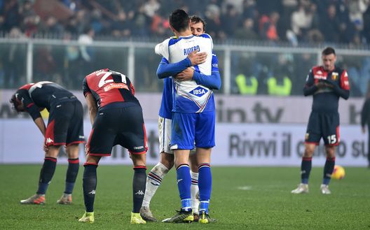 GENOA, ITALY - DECEMBER 14: Manolo Gabbiadini and Emil Audero of UC Sampdoria celebrates at the end of the Serie A match between Genoa CFC and UC Sampdoria at Stadio Luigi Ferraris on December 15, 2019 in Genoa, Italy. (Photo by Paolo Rattini/Getty Images) GENOA, ITALY - DECEMBER 14: Manolo Gabbiadini and Emil Audero of UC Sampdoria celebrates at the end of the Serie A match between Genoa CFC and UC Sampdoria at Stadio Luigi Ferraris on December 15, 2019 in Genoa, Italy. (Photo by Paolo Rattini/Getty Images)