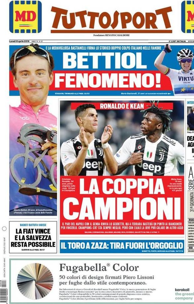 Prima Pagina, Tuttosport: &#8220;La coppia campioni. Dea di ferro, agganciato il Milan&#8221; 