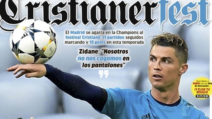 Prima Pagina, Marca: “Cristianer-fest. Zidane: ‘Noi non ce la facciamo sotto’. Liverpool-Roma, Salah abbagliante…”  Prima Pagina, Marca: “Cristianer-fest. Zidane: ‘Noi non ce la facciamo sotto’. Liverpool-Roma, Salah abbagliante…”