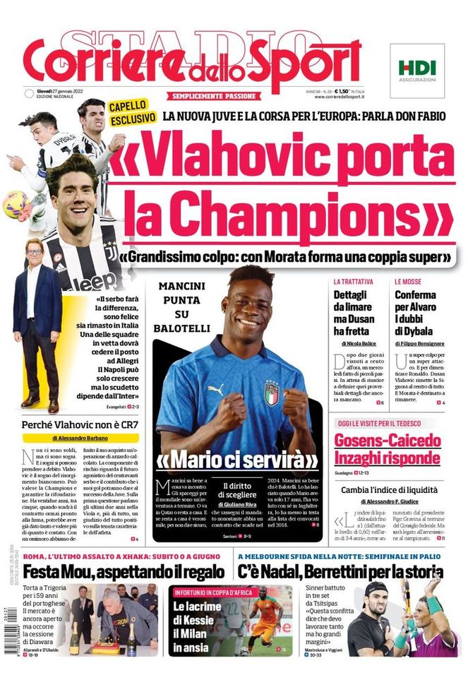 Prima Pagina Corriere dello Sport, Capello: “Vlahovic porta la Champions” - immagine 1