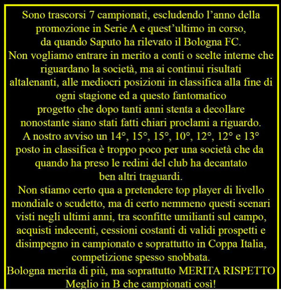 Bologna – Duro comunicato del Settore Ostile: “Il progetto stenta, Bologna merita rispetto”- immagine 2