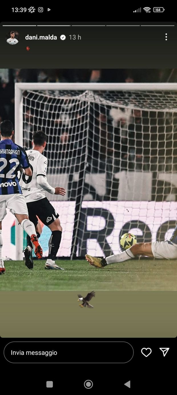 Daniel Maldini, qui in gol contro l'Inter (storia Instagram Daniel Maldini)