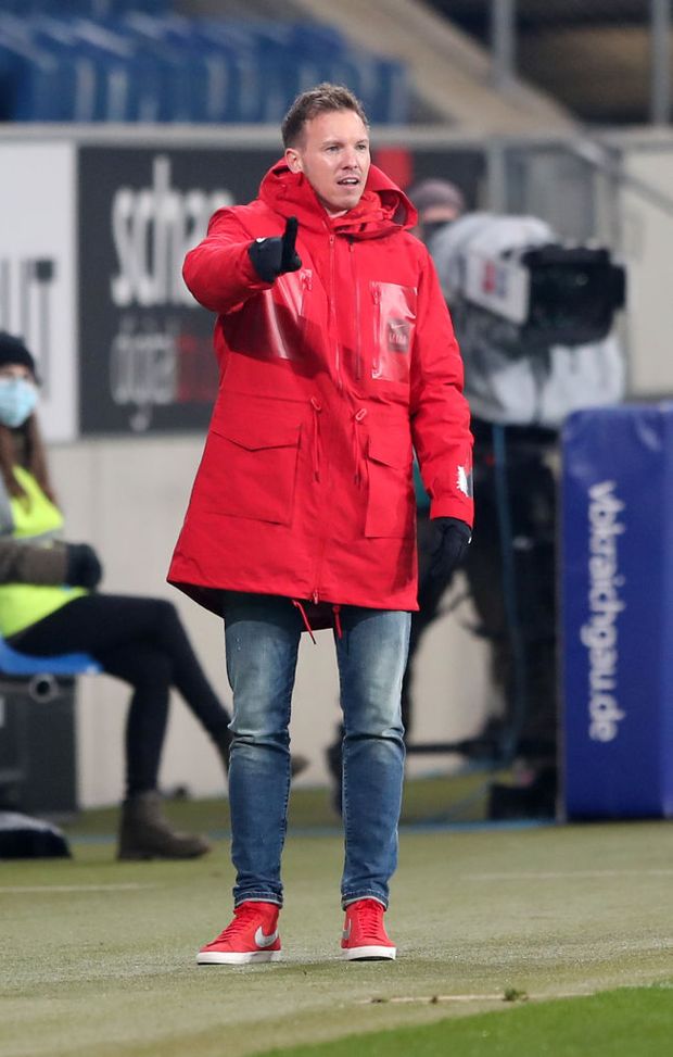 SINSHEIM, GERMANY - DECEMBER 16: Julian Nagelsmann, Head Coach of RB Leipzig reacts during the Bundesliga match between TSG Hoffenheim and RB Leipzig at PreZero-Arena on December 16, 2020 in Sinsheim, Germany. Sporting stadiums around Germany remain under strict restrictions due to the Coronavirus Pandemic as Government social distancing laws prohibit fans inside venues resulting in games being played behind closed doors. (Photo by Christian Kaspar-Bartke/Getty Images) SINSHEIM, GERMANY - DECEMBER 16: Julian Nagelsmann, Head Coach of RB Leipzig reacts during the Bundesliga match between TSG Hoffenheim and RB Leipzig at PreZero-Arena on December 16, 2020 in Sinsheim, Germany. Sporting stadiums around Germany remain under strict restrictions due to the Coronavirus Pandemic as Government social distancing laws prohibit fans inside venues resulting in games being played behind closed doors. (Photo by Christian Kaspar-Bartke/Getty Images)