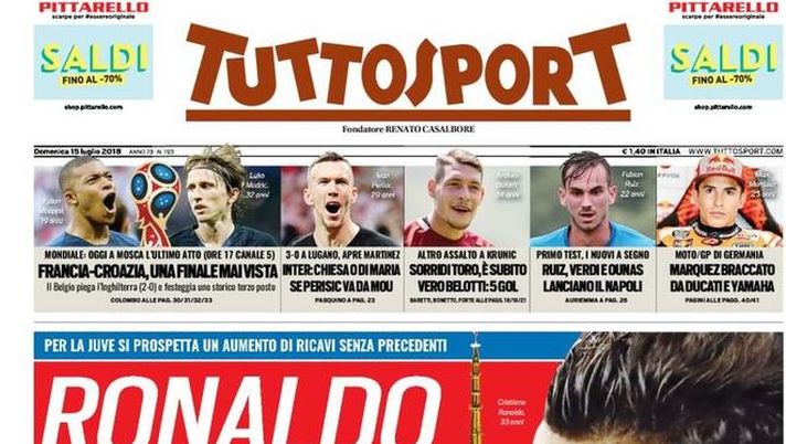 Prima Pagina, Tuttosport: “Una mole d’oro. Francia-Croazia, una finale mai vista. Inter, Chiesa o Di Maria. E’ subito vero Belotti…”  Prima Pagina, Tuttosport: “Una mole d’oro. Francia-Croazia, una finale mai vista. Inter, Chiesa o Di Maria. E’ subito vero Belotti…”