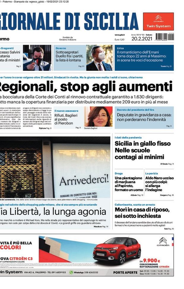 Prima Pagina, Giornale di Sicilia: “Regionali, stop agli aumenti. Sicilia in giallo fisso. Nelle scuole contagi ai minimi. Via Libertà, la lunga agonia” Prima Pagina, Giornale di Sicilia: “Regionali, stop agli aumenti. Sicilia in giallo fisso. Nelle scuole contagi ai minimi. Via Libertà, la lunga agonia”