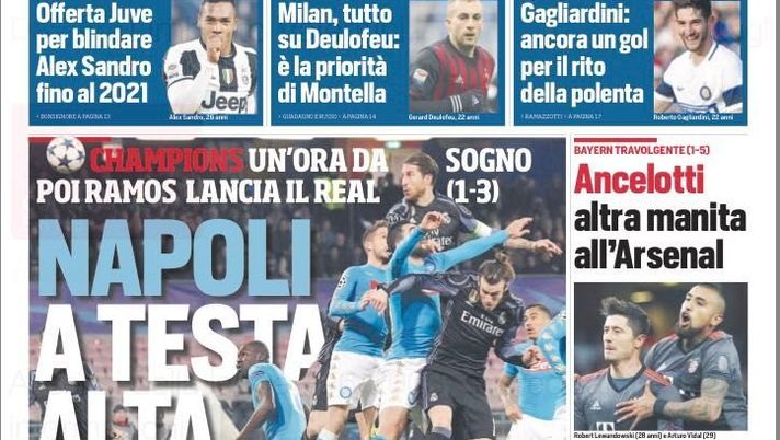 Prima Pagina, Corriere dello Sport: “Napoli a testa alta. Offerta Juve per blindare Alex Sandro” Prima Pagina, Corriere dello Sport: “Napoli a testa alta. Offerta Juve per blindare Alex Sandro”
