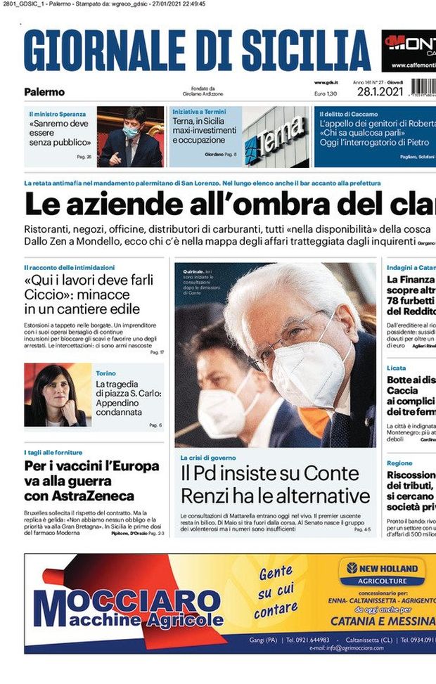 Prima Pagina, Giornale di Sicilia: “Le aziende all’ombra del clan. Il Pd insiste su Conte” 