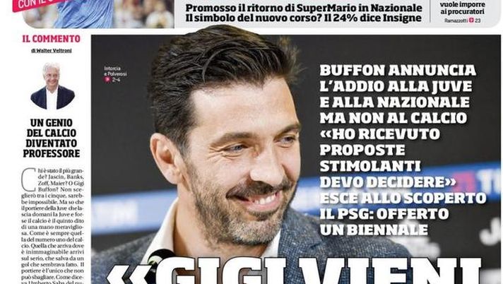 Prima Pagina, Corriere dello Sport: “Gigi vieni a Parigi. L’Italia vota Balotelli. Napoli, ADL esalta Sarri. Under 17, delirio Italia…” 