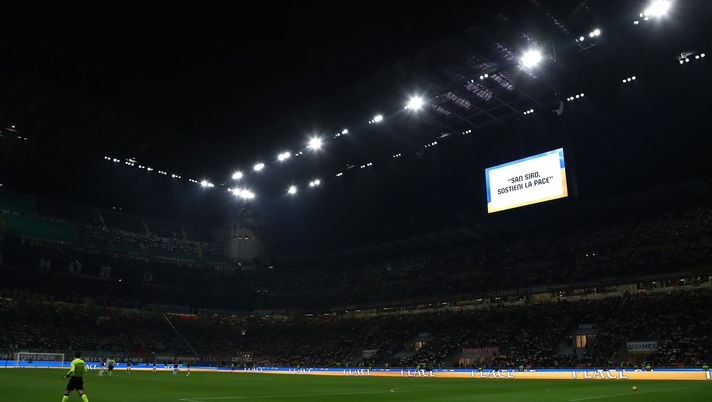 MILAN, ITALY - MARCH 01: The LED screen inside the stadium shows a Ukrainian flag to indicate peace and sympathy with Ukraine prior to the Coppa Italia Semi Final 1st Leg match between AC Milan and FC Internazionale at Stadio Giuseppe Meazza on March 01, 2022 in Milan, Italy. (Photo by Marco Luzzani/Getty Images) MILAN, ITALY - MARCH 01: The LED screen inside the stadium shows a Ukrainian flag to indicate peace and sympathy with Ukraine prior to the Coppa Italia Semi Final 1st Leg match between AC Milan and FC Internazionale at Stadio Giuseppe Meazza on March 01, 2022 in Milan, Italy. (Photo by Marco Luzzani/Getty Images)