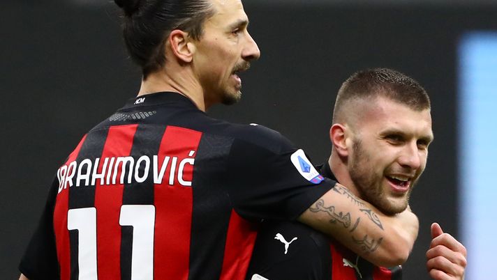 MILAN, ITALY - FEBRUARY 07: Ante Rebic of AC Milan celebrates with team mate Zlatan Ibrahimovic after scoring their side's third goal during the Serie A match between AC Milan and FC Crotone at Stadio Giuseppe Meazza on February 07, 2021 in Milan, Italy. Sporting stadiums around Italy remain under strict restrictions due to the Coronavirus Pandemic as Government social distancing laws prohibit fans inside venues resulting in games being played behind closed doors. (Photo by Marco Luzzani/Getty Images) MILAN, ITALY - FEBRUARY 07: Ante Rebic of AC Milan celebrates with team mate Zlatan Ibrahimovic after scoring their side's third goal during the Serie A match between AC Milan and FC Crotone at Stadio Giuseppe Meazza on February 07, 2021 in Milan, Italy. Sporting stadiums around Italy remain under strict restrictions due to the Coronavirus Pandemic as Government social distancing laws prohibit fans inside venues resulting in games being played behind closed doors. (Photo by Marco Luzzani/Getty Images)