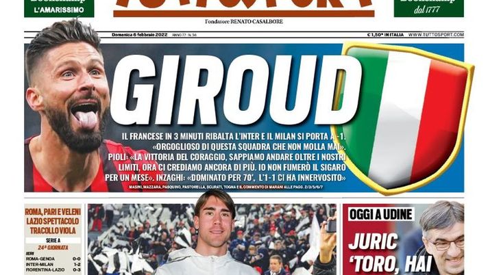 Prima Pagina, Tuttosport: “Facci sognare! Giroud, il Milan si porta a -1” - immagine 1