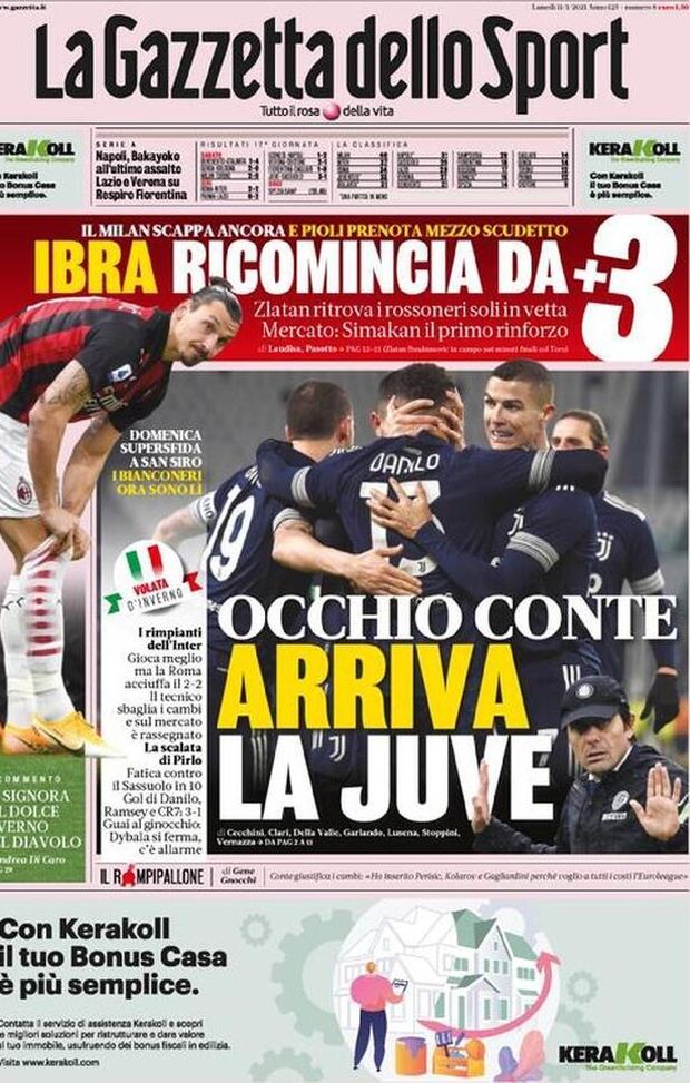 Prima Pagina, La Gazzetta dello Sport: “Ibra ricomincia da +3. Occhio Conte, arriva la Juve”  Prima Pagina, La Gazzetta dello Sport: “Ibra ricomincia da +3. Occhio Conte, arriva la Juve”