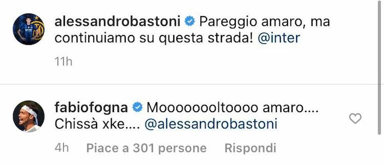 Inter-Juve, Bastoni sui social: “Pareggio amaro”, Fognini risposta con frecciata a…- immagine 2