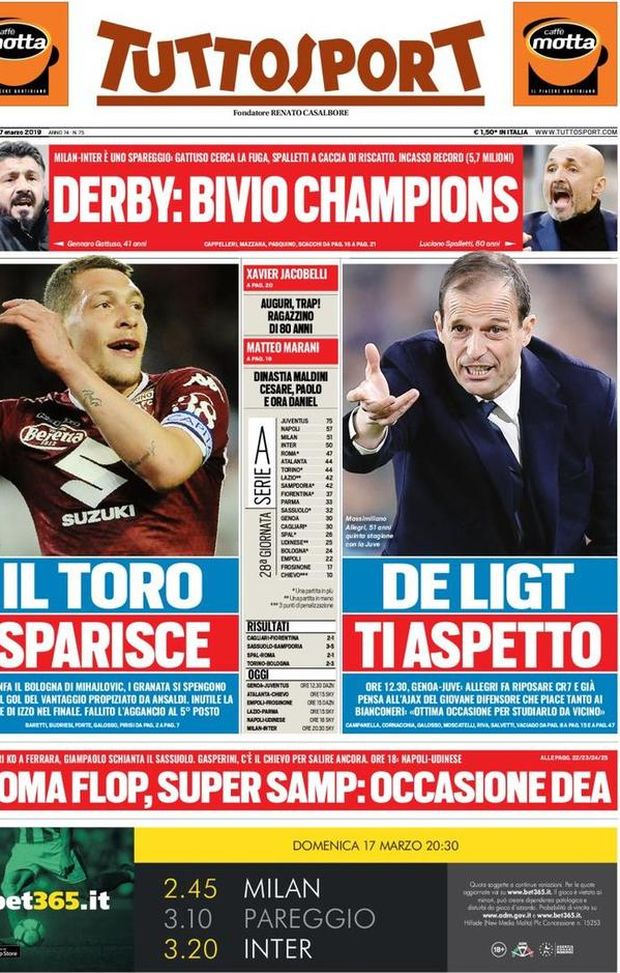 Prima Pagina, Tuttosport: “Il Toro sparisce. De Ligt ti aspetto. Derby: bivio Champions. Roma flop” Prima Pagina, Tuttosport: “Il Toro sparisce. De Ligt ti aspetto. Derby: bivio Champions. Roma flop”