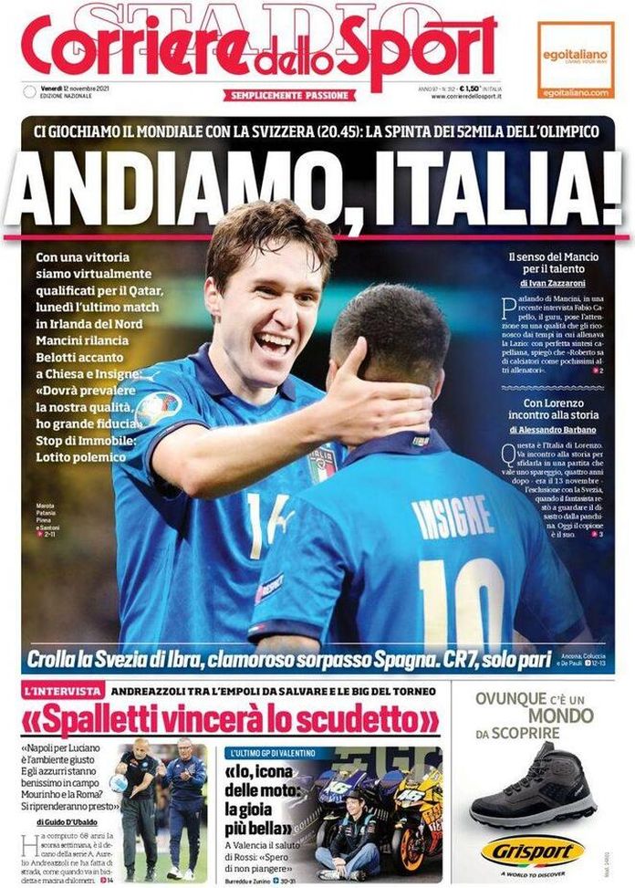 Prima Pagina, Corriere dello Sport: “Andiamo, Italia! Mancini rilancia Belotti”  Prima Pagina
