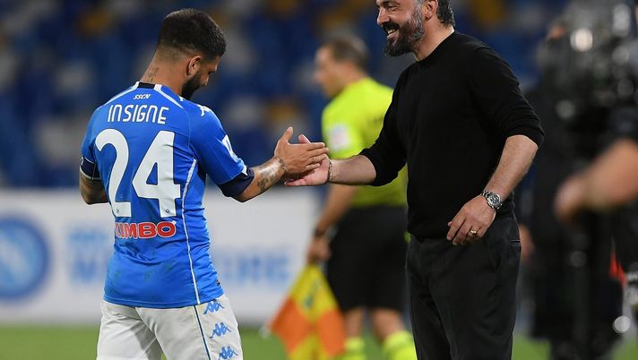 NAPLES, ITALY - MAY 11: Lorenzo Insigne of SSC Napoli is congratulated by Gennaro Gattuso, Head Coach of SSC Napoli after scoring their side's fifth goal during the Serie A match between SSC Napoli and Udinese Calcio at Stadio Diego Armando Maradona on May 11, 2021 in Naples, Italy. Sporting stadiums around Italy remain under strict restrictions due to the Coronavirus Pandemic as Government social distancing laws prohibit fans inside venues resulting in games being played behind closed doors. (Photo by Francesco Pecoraro/Getty Images) NAPLES, ITALY - MAY 11: Lorenzo Insigne of SSC Napoli is congratulated by Gennaro Gattuso, Head Coach of SSC Napoli after scoring their side's fifth goal during the Serie A match between SSC Napoli and Udinese Calcio at Stadio Diego Armando Maradona on May 11, 2021 in Naples, Italy. Sporting stadiums around Italy remain under strict restrictions due to the Coronavirus Pandemic as Government social distancing laws prohibit fans inside venues resulting in games being played behind closed doors. (Photo by Francesco Pecoraro/Getty Images)