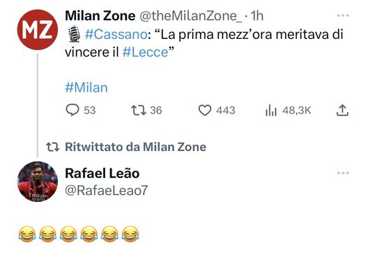 Milan-Lecce, Cassano spara a zero: la risposta social di Leao- immagine 2