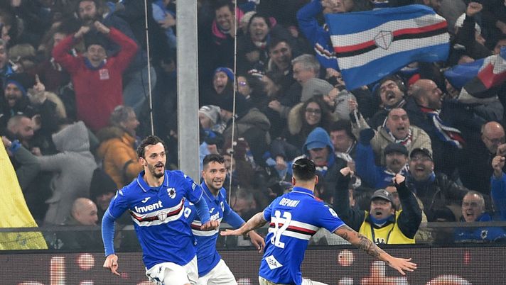 GENOA, ITALY - DECEMBER 14: Manolo Gabbiadini celebrates after scoring his first goal during the Serie A match between Genoa CFC and UC Sampdoria at Stadio Luigi Ferraris on December 15, 2019 in Genoa, Italy. (Photo by Paolo Rattini/Getty Images) 