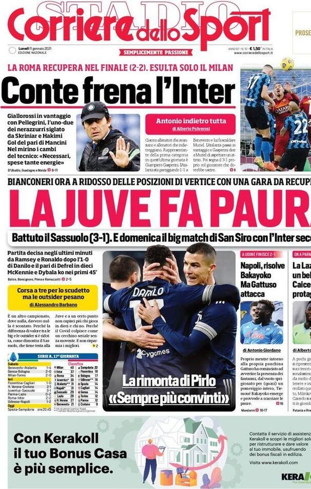 Corriere dello Sport, la prima pagina di oggi, lunedì 11 gennaio 2021 