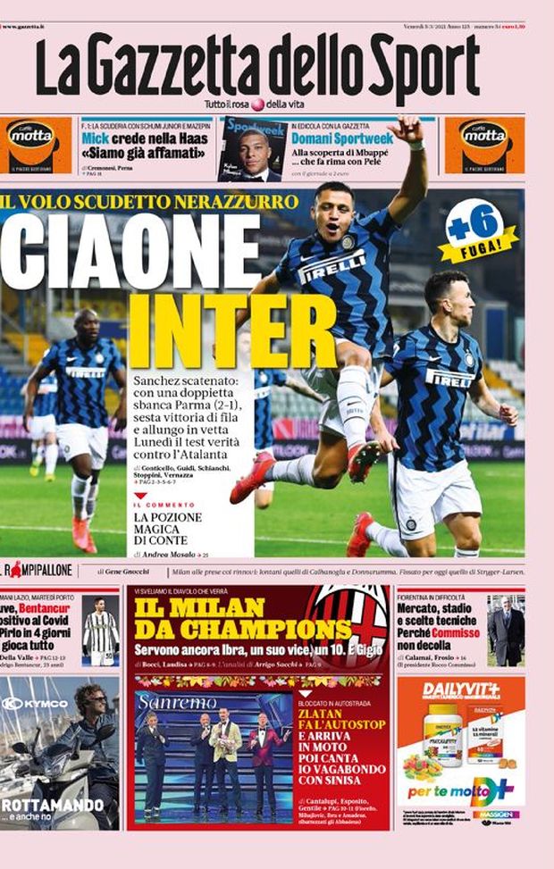 Prima Pagina, La Gazzetta dello Sport: “Ciaone Inter! Sesta vittoria di fila e allungo in vetta” Prima Pagina, La Gazzetta dello Sport: “Ciaone Inter! Sesta vittoria di fila e allungo in vetta”