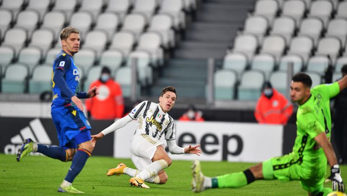 TURIN, ITALY - JANUARY 03: Federico Chiesa of Juventus F.C. scores their team's second goal during the Serie A match between Juventus and Udinese Calcio at Allianz Stadium on January 03, 2021 in Turin, Italy. Sporting stadiums around Italy remain under strict restrictions due to the Coronavirus Pandemic as Government social distancing laws prohibit fans inside venues resulting in games being played behind closed doors. (Photo by Valerio Pennicino/Getty Images) TURIN, ITALY - JANUARY 03: Federico Chiesa of Juventus F.C. scores their team's second goal during the Serie A match between Juventus and Udinese Calcio at Allianz Stadium on January 03, 2021 in Turin, Italy. Sporting stadiums around Italy remain under strict restrictions due to the Coronavirus Pandemic as Government social distancing laws prohibit fans inside venues resulting in games being played behind closed doors. (Photo by Valerio Pennicino/Getty Images)