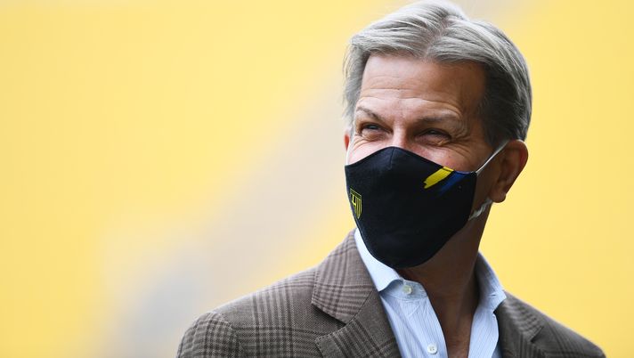 PARMA, ITALY - FEBRUARY 21: Kyle J. Krause, President of Parma Calcio is seen wearing a face mask prior to the Serie A match between Parma Calcio and Udinese Calcio at Stadio Ennio Tardini on February 21, 2021 in Parma, Italy. Sporting stadiums around Italy remain under strict restrictions due to the Coronavirus Pandemic as Government social distancing laws prohibit fans inside venues resulting in games being played behind closed doors. (Photo by Alessandro Sabattini/Getty Images) PARMA, ITALY - FEBRUARY 21: Kyle J. Krause, President of Parma Calcio is seen wearing a face mask prior to the Serie A match between Parma Calcio and Udinese Calcio at Stadio Ennio Tardini on February 21, 2021 in Parma, Italy. Sporting stadiums around Italy remain under strict restrictions due to the Coronavirus Pandemic as Government social distancing laws prohibit fans inside venues resulting in games being played behind closed doors. (Photo by Alessandro Sabattini/Getty Images)