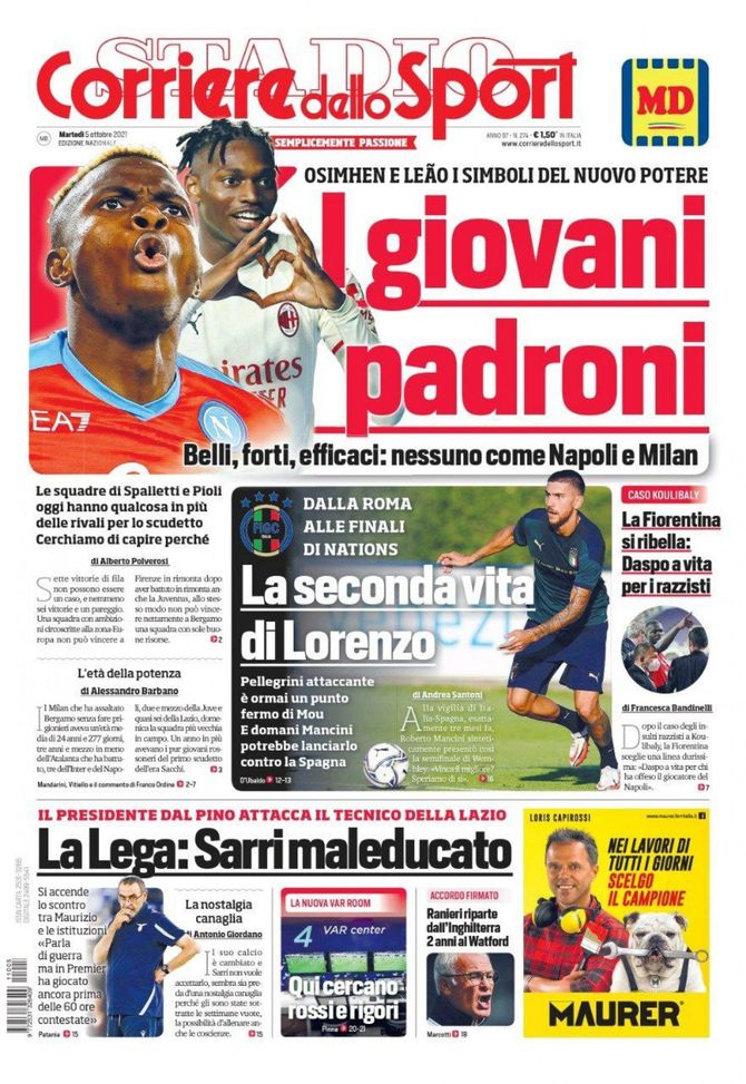 Prima Pagina, Corriere dello Sport: “I giovani padroni. La seconda vita di Lorenzo” - immagine 1