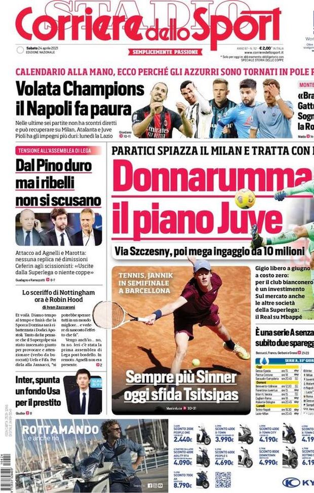 Prima Pagina, Corriere dello Sport: “Donnarumma, il piano Juve. Volata Champions, il Napoli fa paura&#8221; 