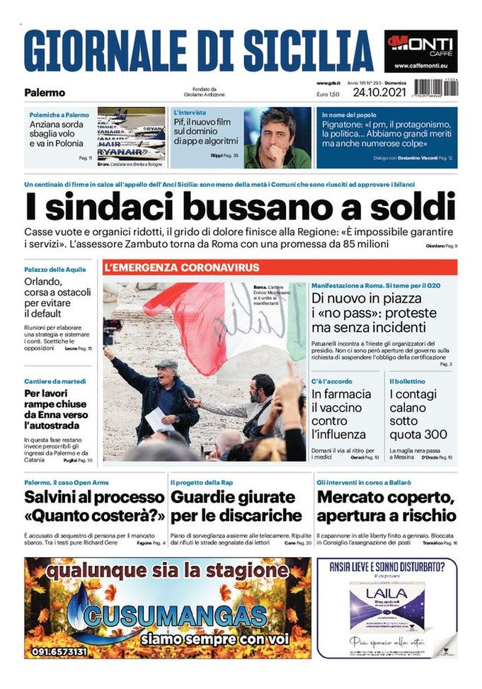 Prima Pagina, Giornale di Sicilia: “I sindaci bussano a soldi” - immagine 1